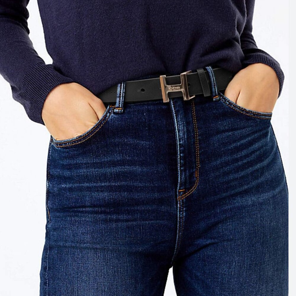 🎀Luxury Tommy Hilfiger Women's Slim Leather Belt Chic Gold H Monogram Accent🎀